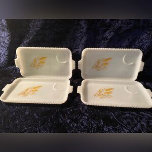 4 RARE Vtg Anchor Hocking, Fire King, Wheat Milk Glass Snack Plate 1950s